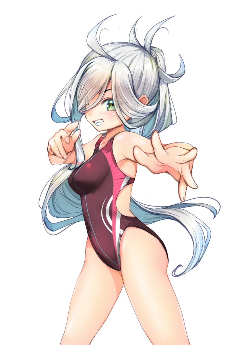 1girl absurdres ahoge asashimo_(kancolle) breasts commentary_request competition_swimsuit cowboy_shot foreshortening grey_eyes hair_over_one_eye highres kantai_collection long_hair looking_at_viewer medium_breasts one-piece_swimsuit ponytail purple_swimsuit sharp_teeth simple_background solo standing swimsuit teeth white_background white_hair yashin_(yasinz)