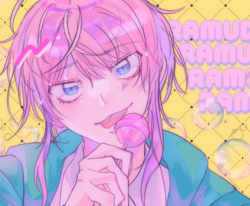 1boy :p amemura_ramuda bangs blue_eyes blue_jacket bubble candy eyebrows_visible_through_hair food head_tilt holding holding_candy holding_food holding_lollipop hypnosis_mic jacket lalalululilihoho lollipop looking_at_viewer pink_hair portrait shirt short_hair sidelocks tongue tongue_out white_shirt yellow_background