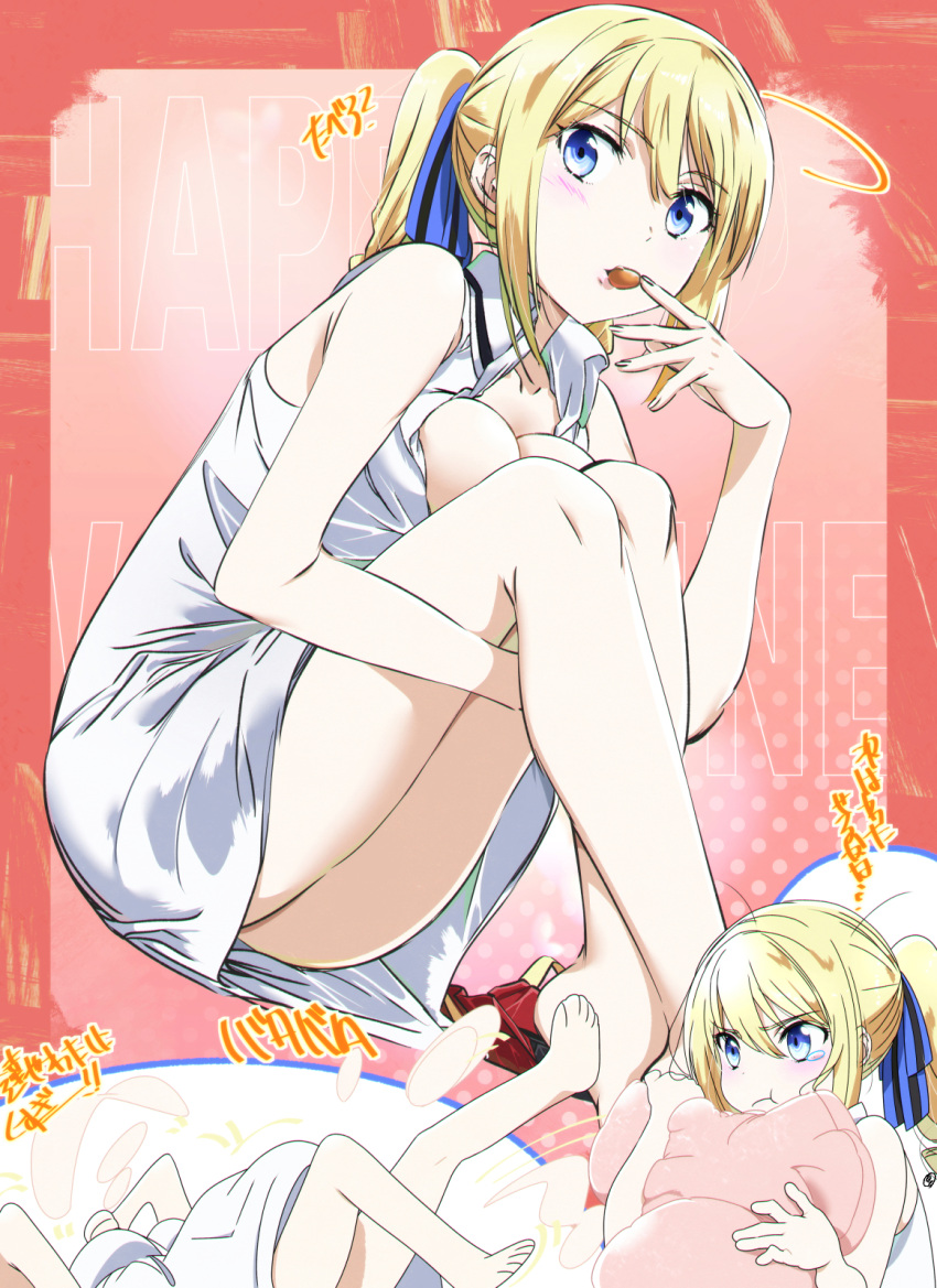 1girl angelina_kudou_shields barefoot blonde_hair blue_eyes breasts eating food highres large_breasts mahouka_koukou_no_rettousei mamezuka_takashi school_uniform solo