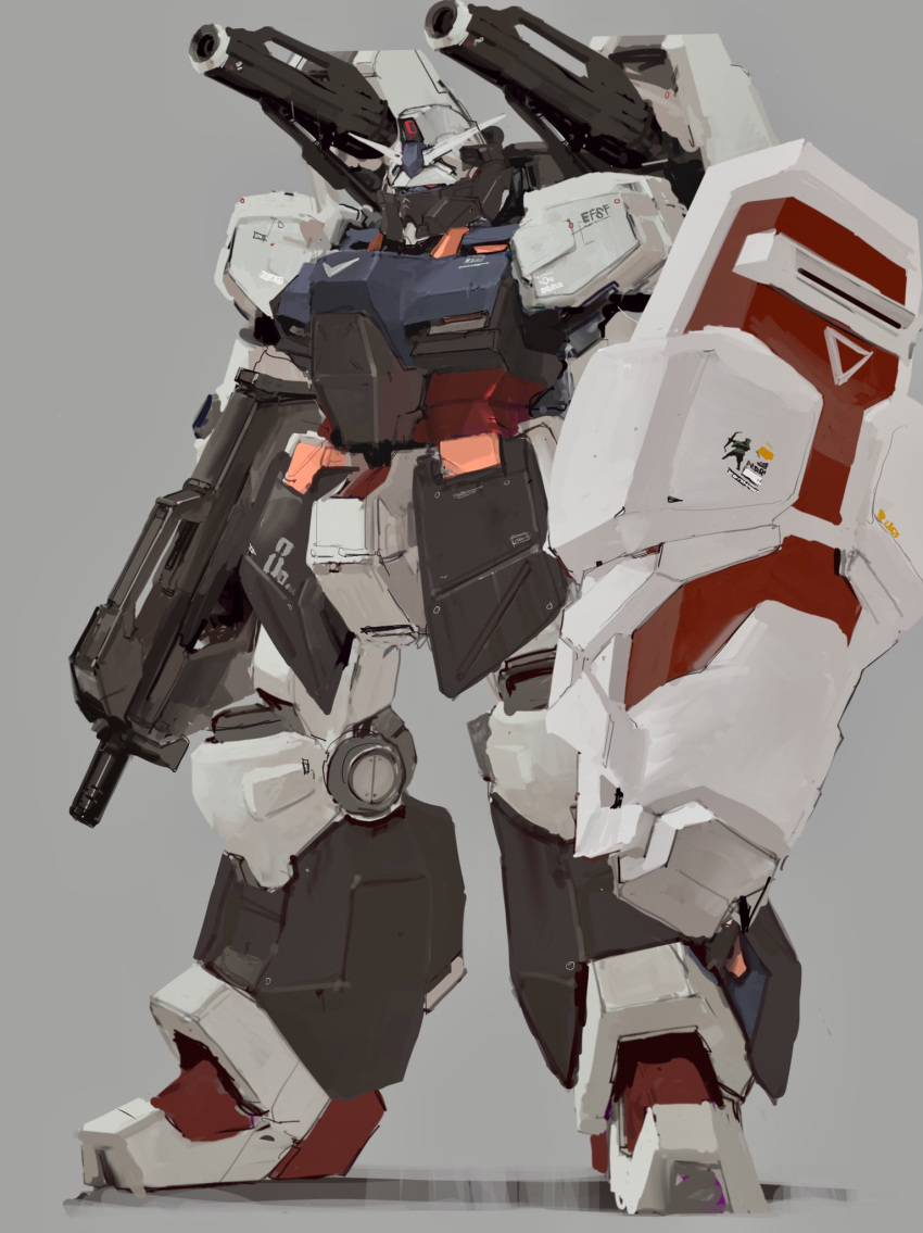 grey_background gun gundam gundam_0083 gundam_gp-02_physalis highres holding holding_gun holding_shield holding_weapon mecha mobile_suit no_humans red_eyes redesign rintaro_komori science_fiction shield shoulder_cannon solo standing v-fin weapon