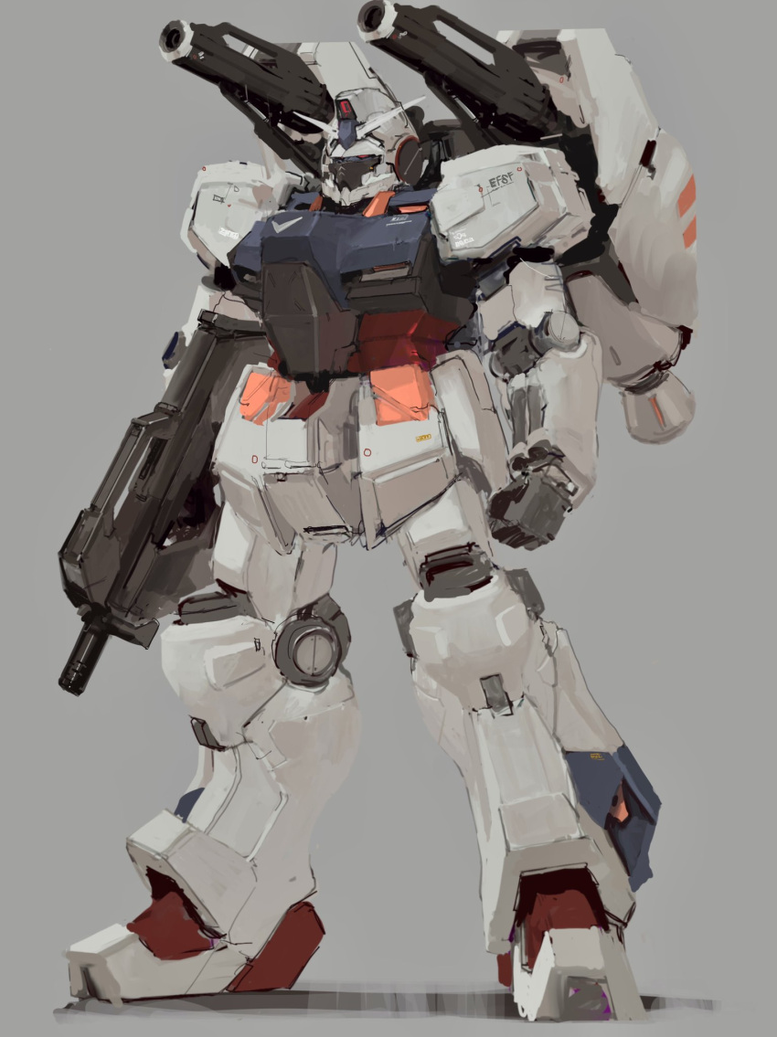 clenched_hand grey_background gun gundam gundam_0083 gundam_gp-02_physalis highres holding holding_gun holding_weapon mecha mobile_suit no_humans red_eyes redesign rintaro_komori science_fiction shoulder_cannon solo standing v-fin weapon