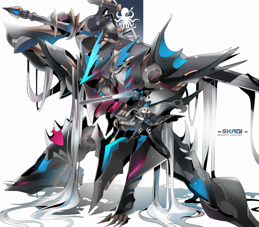 1girl absurdres arknights bare_shoulders black_footwear black_gloves black_legwear character_name clothing_cutout commentary gloves grey_hair hat highres holding holding_sword holding_weapon long_hair mecha on_mecha one_knee over_shoulder red_eyes shadow shinnasuka025 simple_background skadi_(arknights) standing sword sword_over_shoulder thigh_cutout very_long_hair weapon weapon_over_shoulder white_background