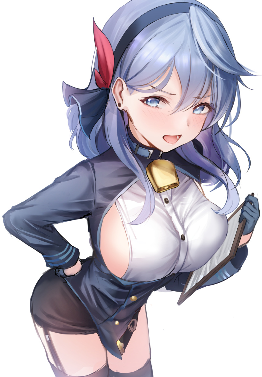 1girl ako_(blue_archive) bangs bell black_gloves black_legwear blue_archive blue_eyes blue_hair blush breast_press breasts clipboard cowboy_shot eyebrows_visible_through_hair gloves hair_between_eyes hair_ribbon hairband halo hand_on_hip highres large_breasts long_hair long_sleeves looking_at_viewer moleshi neck_bell ribbon sideboob simple_background solo standing thighhighs