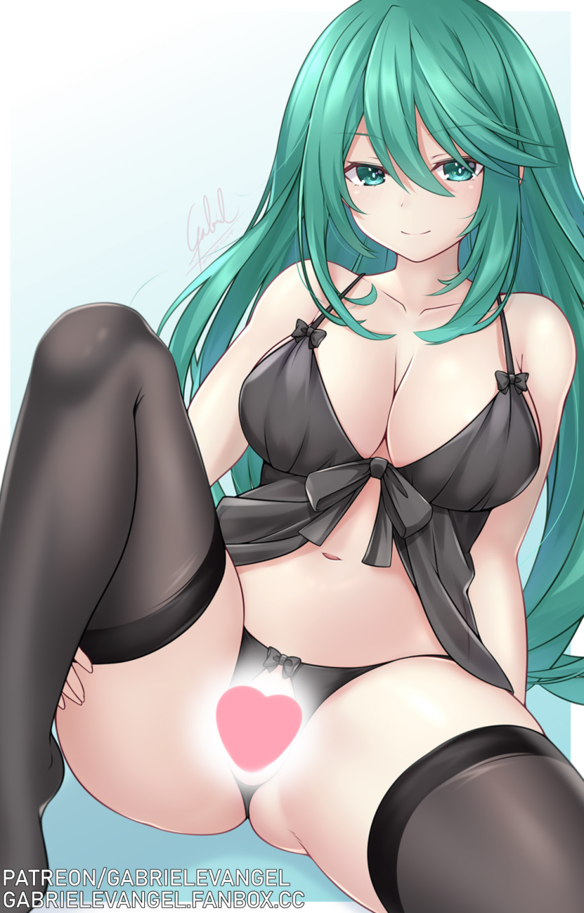 1girl babydoll bangs black_legwear black_panties breasts crotchless crotchless_panties date_a_live eyebrows_visible_through_hair gabriel_evangel green_eyes green_hair highres large_breasts long_hair looking_at_viewer natsumi_(date_a_live) navel panties simple_background skindentation smile solo spread_legs thighhighs underwear