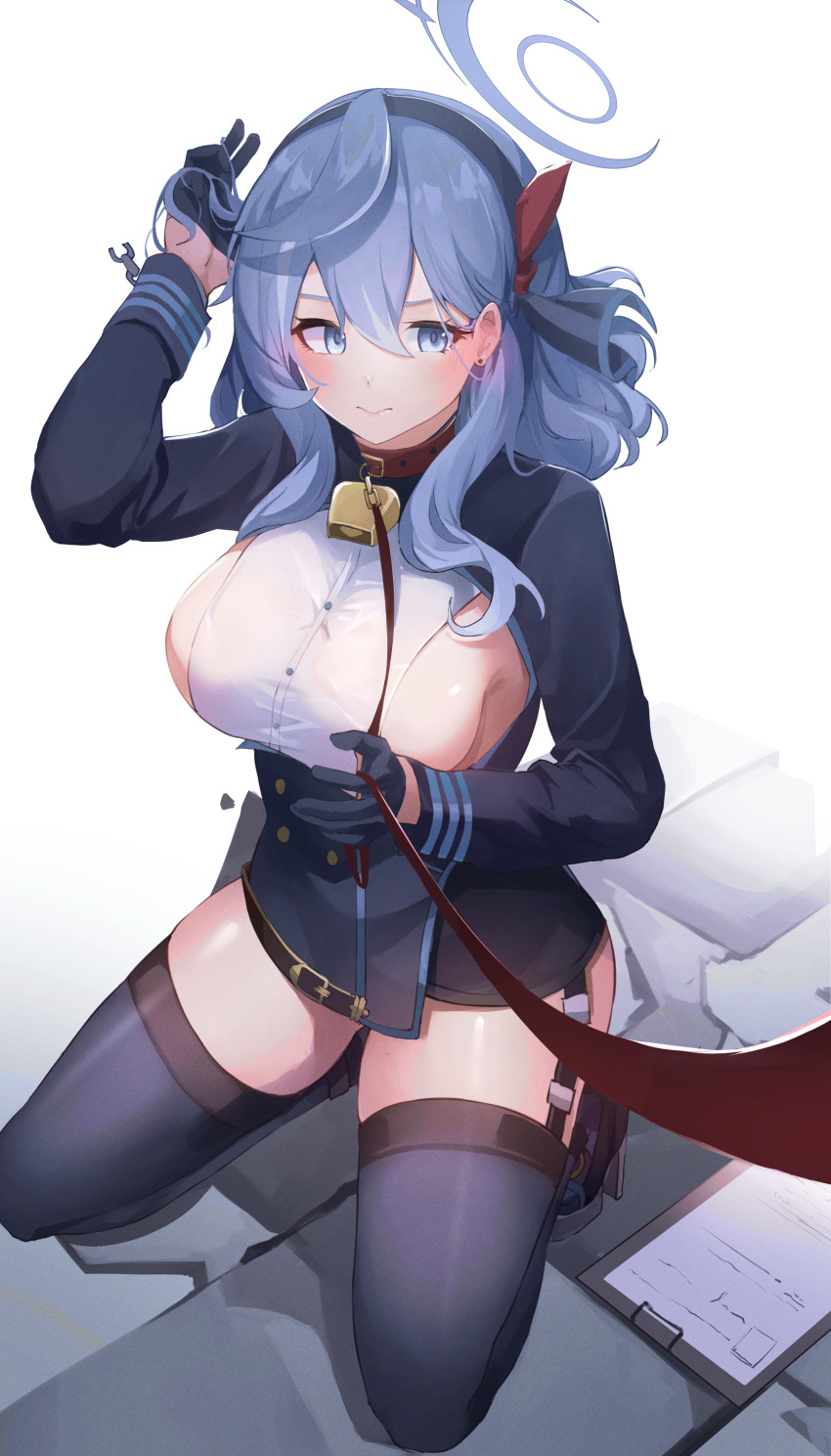 1girl absurdres ako_(blue_archive) bell belt_collar blue_archive blue_eyes blue_hair blue_jacket blush boots breasts clipboard collar cowbell full_body garter_straps gloves hair_between_eyes hairband half_gloves halo hand_on_own_head high_heels highres jacket kneeling large_breasts leash long_sleeves looking_to_the_side megu_(pixiv9460065) neck_bell no_bra red_ribbon ribbon shirt sideboob solo thigh_boots thighhighs viewer_holding_leash white_shirt zettai_ryouiki