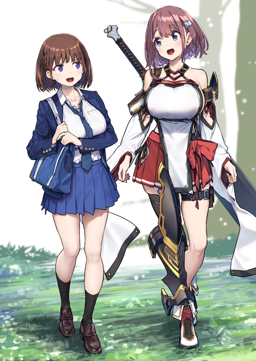 2girls absurdres ai-chan_(tawawa) ankle_boots armor baffu bag bangs blazer blue_eyes blue_jacket blue_necktie blue_skirt boots breasts brown_footwear brown_hair brown_legwear collared_shirt fold-over_boots getsuyoubi_no_tawawa greatsword hakama hakama_short_skirt hakama_skirt highres hitoyo_(baffu) huge_breasts huge_weapon jacket japanese_clothes loafers multiple_girls necktie open_clothes open_jacket open_mouth original panties pleated_skirt purple_eyes red_hakama school_bag school_uniform shirt shirt_tucked_in shoes short_hair side-tie_panties side_cutout single_thighhigh skindentation skirt socks sword sword_behind_back thigh_pouch thighhighs underwear weapon white_shirt