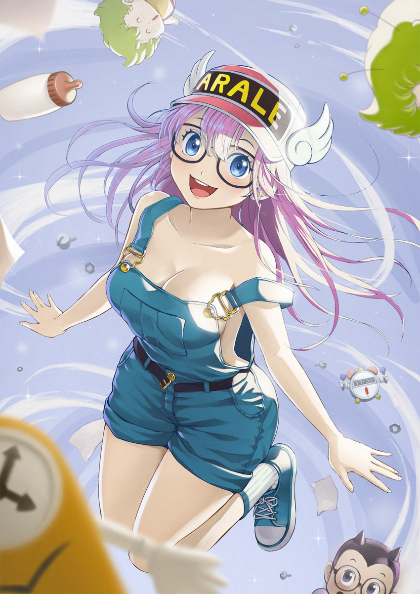 :d antennae baby_bottle bare_arms bare_shoulders baseball_cap black-framed_eyewear blue_eyes blue_footwear blush bottle breasts character_name character_request cleavage clothes_writing collarbone commentary_request dr._slump glasses hat highres jchoy looking_at_viewer medium_breasts norimaki_arale overall_shorts overalls pink_hair red_headwear ribbed_legwear shoes smile socks strap_slip teeth upper_teeth white_legwear