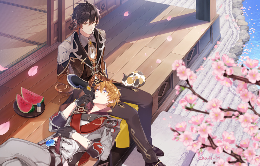 2boys ahoge bangs black_gloves blue_eyes brown_hair brown_pants cat cherry_blossoms chisuke_1104 contemporary couple crossed_legs eye_contact feet_out_of_frame food formal fruit genshin_impact gloves gradient_hair hair_between_eyes kiss kissing_hand lap_pillow long_hair looking_at_another male_focus multicolored_hair multiple_boys necktie pants petals ponytail short_hair tartaglia_(genshin_impact) watermelon white_necktie yaoi yellow_eyes zhongli_(genshin_impact)