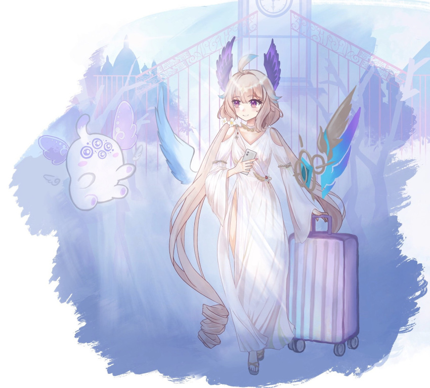 1girl aloupeep_(enna_alouette) alternate_costume barefoot_sandals cellphone clock clock_tower clothing_cutout dress enna_alouette eyebrows_visible_through_hair head_wings highres holding holding_phone long_hair lothe nijisanji nijisanji_en phone purple_eyes shoulder_cutout smartphone smile solo suitcase tower very_long_hair virtual_youtuber walking white_dress