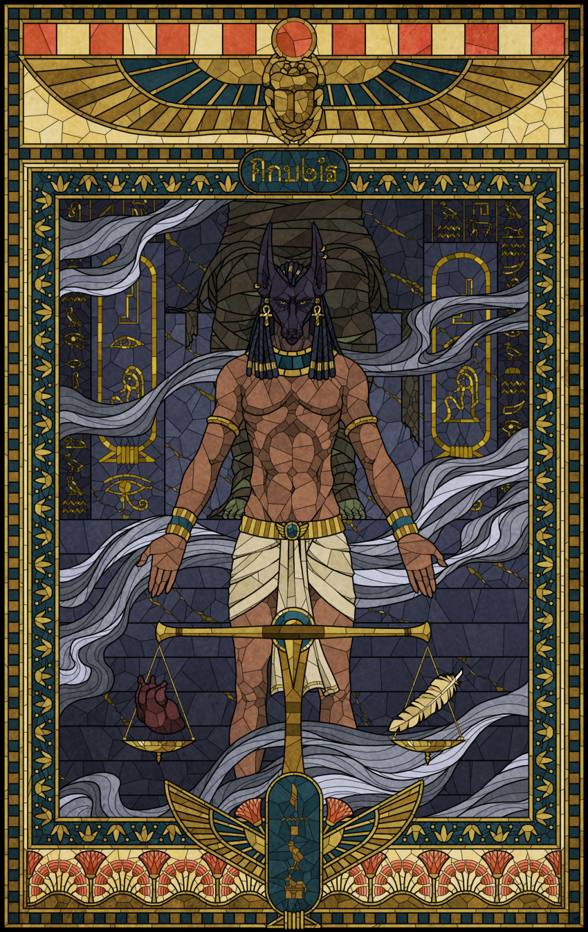 2020 absurd_res ankh anthro anubian_jackal anubis black_hair black_nose bottomwear canid canine canis clothed clothing deity detailed_background dreadlocks ear_piercing egyptian egyptian_clothing egyptian_mythology feathers gold gold_(metal) gold_jewelry hair heart_(organ) hi_res jackal jewelry loincloth looking_at_viewer male mammal middle_eastern_mythology muscular muscular_male mythology organs piercing ryzh solo stained_glass topless topless_male weighing_scale yellow_eyes