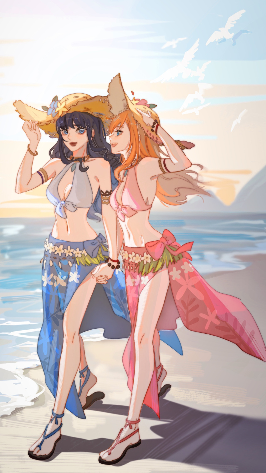 2girls absurdres alternate_costume arm_up armlet bangs bare_shoulders beach bead_bracelet beads bikini bikini_top_only bird black_hair blue_bikini blue_eyes blue_sarong bracelet breasts chinese_commentary cleavage collar commentary_request day eye_contact final_fantasy final_fantasy_xiv flower front-tie_bikini front-tie_top full_body gaia_(ff14) hand_on_headwear hat hat_flower highres holding_hands hyur jewelry looking_at_another midriff multiple_girls navel open_mouth orange_hair outdoors pink_bikini pink_sarong qianyewuli red_lips ryne sandals sarong shadow sidelocks sky smile straw_hat swimsuit walking water yuri