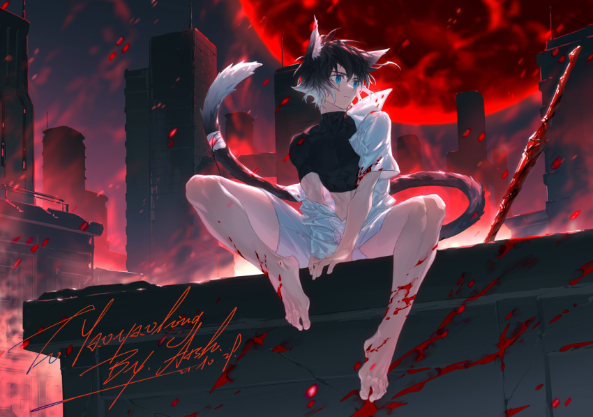 1boy animal_ear_fluff animal_ears arsh_(thestarwish) bandaged_tail between_legs black_hair black_shirt blood blood_on_arm blood_on_leg blood_splatter blue_eyes cat_boy cat_ears cat_tail cityscape closed_mouth commission crop_top full_body gradient_hair hand_between_legs high_collar jacket jacket_partially_removed knee_up looking_to_the_side male_focus moon multicolored_hair night night_sky original red_moon shirt short_sleeves shorts sitting skeb_commission skin_tight sky solo tail tail_ornament toned toned_male turtleneck two-tone_hair weapon white_hair white_jacket white_shorts