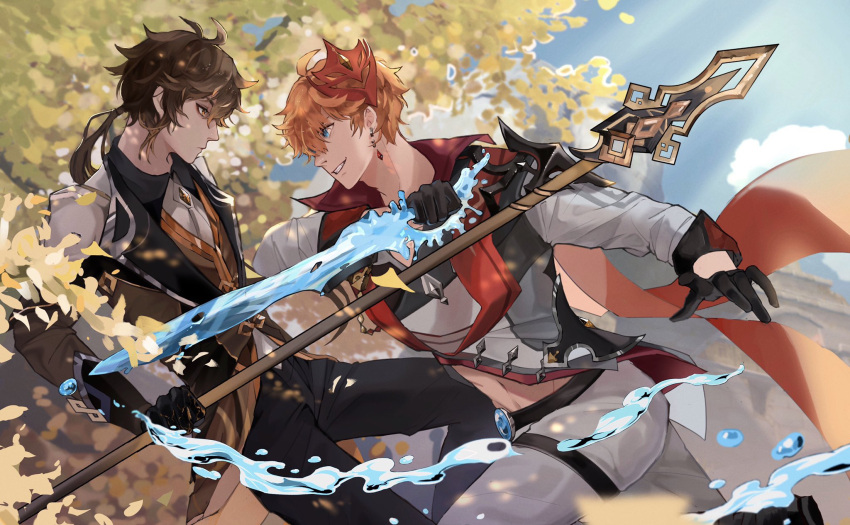 2boys ahoge bangs blue_eyes brown_hair crystal_sword duel ear_piercing eye_contact formal from_side genshin_impact gradient_hair hair_between_eyes highres holding holding_polearm holding_sword holding_weapon long_hair looking_at_another male_focus multicolored_hair multiple_boys pants piercing polearm ponytail short_hair sword tartaglia_(genshin_impact) weapon white_pants yellow_eyes zhongli_(genshin_impact) zorachu3