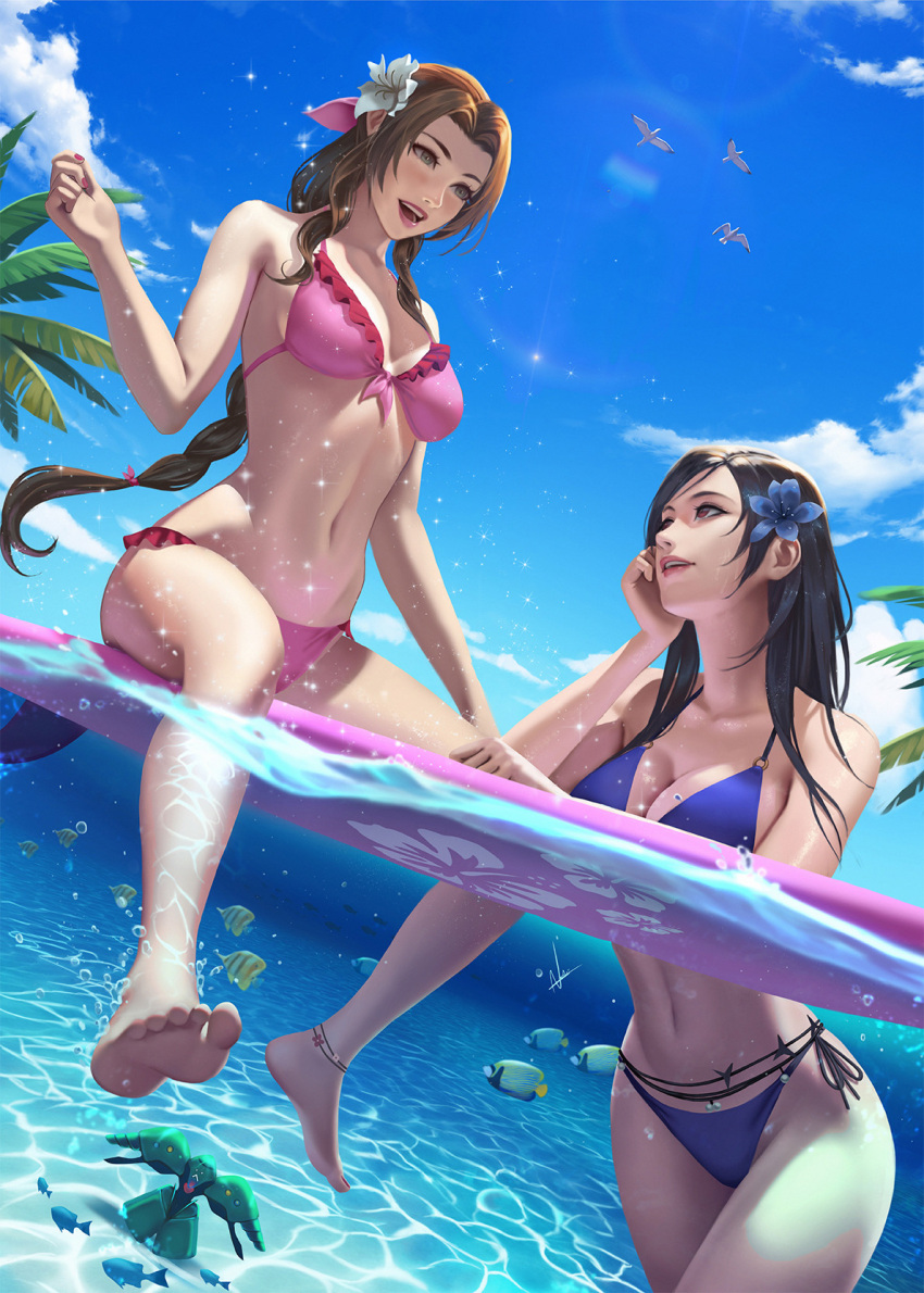 2girls aerith_gainsborough arm_rest beach bikini bird black_hair braid braided_ponytail breasts brown_hair bubble caustics cloud cloudy_sky day english_commentary feet final_fantasy final_fantasy_vii final_fantasy_vii_remake fish flower green_eyes hair_flower hair_ornament hair_ribbon highres long_hair looking_at_another medium_breasts multiple_girls navel nibelart open_mouth palm_tree partially_submerged partially_underwater_shot red_eyes ribbon sand seagull signature sitting sky summer surf swimsuit teeth tifa_lockhart toes tree upper_teeth water wet