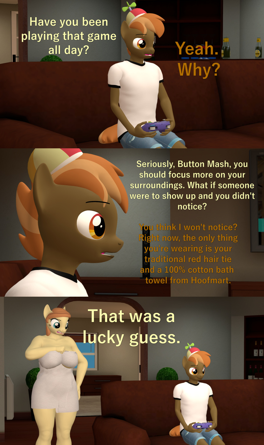 3d_(artwork) absurd_res age_difference anthro anthrofied breasts button_mash_(mlp) clothed clothing comic cream_heart_(mlp) digital_media_(artwork) english_text equid equine female friendship_is_magic hasbro hi_res male mammal mature_female mother mother_and_child mother_and_son my_little_pony older_female papadragon69 parent parent_and_child son text towel towel_only younger_male