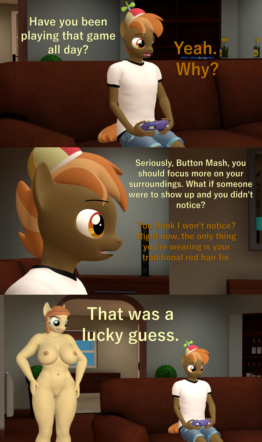 3d_(artwork) absurd_res age_difference anthro anthrofied breasts button_mash_(mlp) clothed clothing comic cream_heart_(mlp) digital_media_(artwork) english_text equid equine female friendship_is_magic genitals hasbro hi_res male mammal mature_female mother mother_and_child mother_and_son my_little_pony nude older_female papadragon69 parent parent_and_child pussy son text younger_male