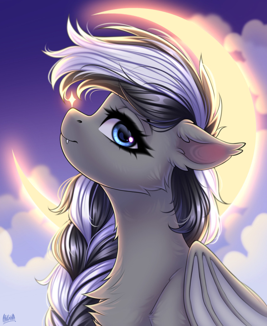 absurd_res bat_pony bat_wings black_hair blue_eyes cloud ear_tuft equid eyelashes fan_character fur grey_body grey_fur hair hakaina hasbro hi_res looking_at_viewer mammal membrane_(anatomy) membranous_wings moon multicolored_hair my_little_pony night smile solo tuft two_tone_hair white_hair wings