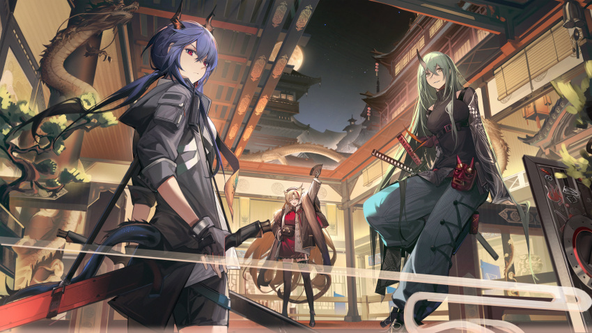 3girls ;d absurdres animal_ears arknights arm_up bag bangs black_gloves black_jacket black_legwear blonde_hair blue_hair breasts ch'en_(arknights) closed_mouth dragon_girl dragon_horns dragon_tail dress fingerless_gloves folding_fan from_side full_moon gloves green_eyes green_hair grey_pants hair_between_eyes hand_fan hand_on_hip highres holding holding_fan horns hoshiguma_(arknights) hoshiguma_(patrolling_ronin)_(arknights) jacket large_breasts leg_up long_hair long_sleeves looking_at_viewer looking_to_the_side low_ponytail mask medium_breasts moon multicolored_hair multiple_girls nagito night night_sky one_eye_closed oni_mask open_clothes open_jacket outdoors pagoda pants parted_bangs parted_lips pouch red_dress red_eyes red_hair shawl sheath sheathed shield shirt shoulder_bag single_horn sitting skin-covered_horns sky smile star_(sky) starry_sky streaked_hair swire_(arknights) swire_(honor_and_splendor)_(arknights) tail tail_through_clothes thighhighs tiger_ears tiger_girl tiger_tail two-tone_hair underbust v-shaped_eyebrows very_long_hair white_shirt yellow_eyes