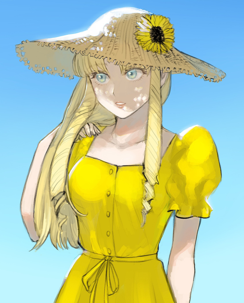 1girl adjusting_hair arm_at_side bangs bare_arms blonde_hair blue_background blue_eyes blue_sky breasts dappled_sunlight day dress drill_hair flower hand_up hat hat_flower highres konjiki_no_gash!! looking_away outdoors ozaki_(tsukiko3) parted_lips puffy_short_sleeves puffy_sleeves ringlets sash sherry_belmont short_sleeves side_drill sideways_glance sky solo straw_hat sun_hat sunflower sunlight twin_drills upper_body yellow_dress