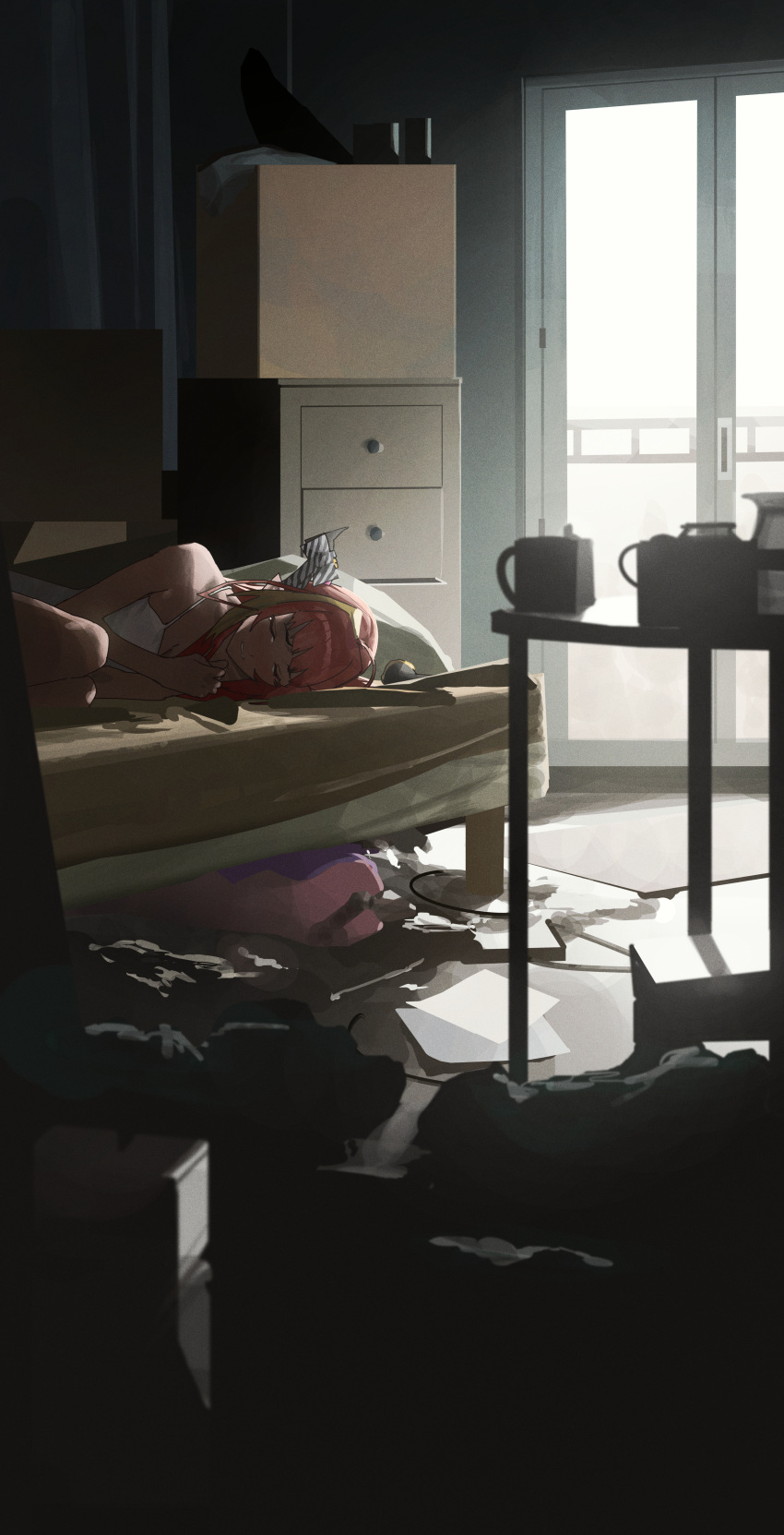 1girl absurdres ahoge anal_tail apartment bangs bed bedroom blonde_hair blush bow butt_plug closed_eyes diagonal-striped_bow dragon_girl dragon_horns drawer fake_tail highres hololive horn_bow horn_ornament horns indoors kiryu_coco long_hair lying messy_room multicolored_hair on_bed on_side orange_hair parted_lips pillow pointy_ears sex_toy shirt streaked_hair table tail tearing_up virtual_youtuber white_shirt xiaoju_xiaojie