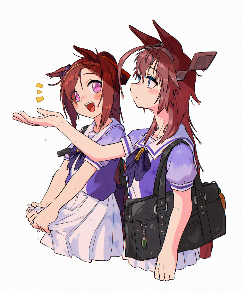 2girls :d absurdres ahoge animal_ears appleq bag bangs battery blue_eyes blush bow bowtie brown_hair carrying_bag commentary_request cropped_legs ear_ornament ears_down flower_in_eye from_side hairband highres horse_ears horse_girl horse_tail keychain long_hair looking_ahead looking_at_another messy_hair mihono_bourbon_(umamusume) multiple_girls notice_lines open_mouth outstretched_hand pink_eyes pleated_skirt ponytail puffy_short_sleeves puffy_sleeves rain sailor_collar sakura_bakushin_o_(umamusume) school_bag school_uniform serafuku short_sleeves shoulder_bag simple_background skirt smile standing summer_uniform swept_bangs symbol_in_eye tail tracen_school_uniform umamusume upper_body water_drop wet wet_clothes wet_hair white_background white_skirt wringing_clothes wringing_skirt