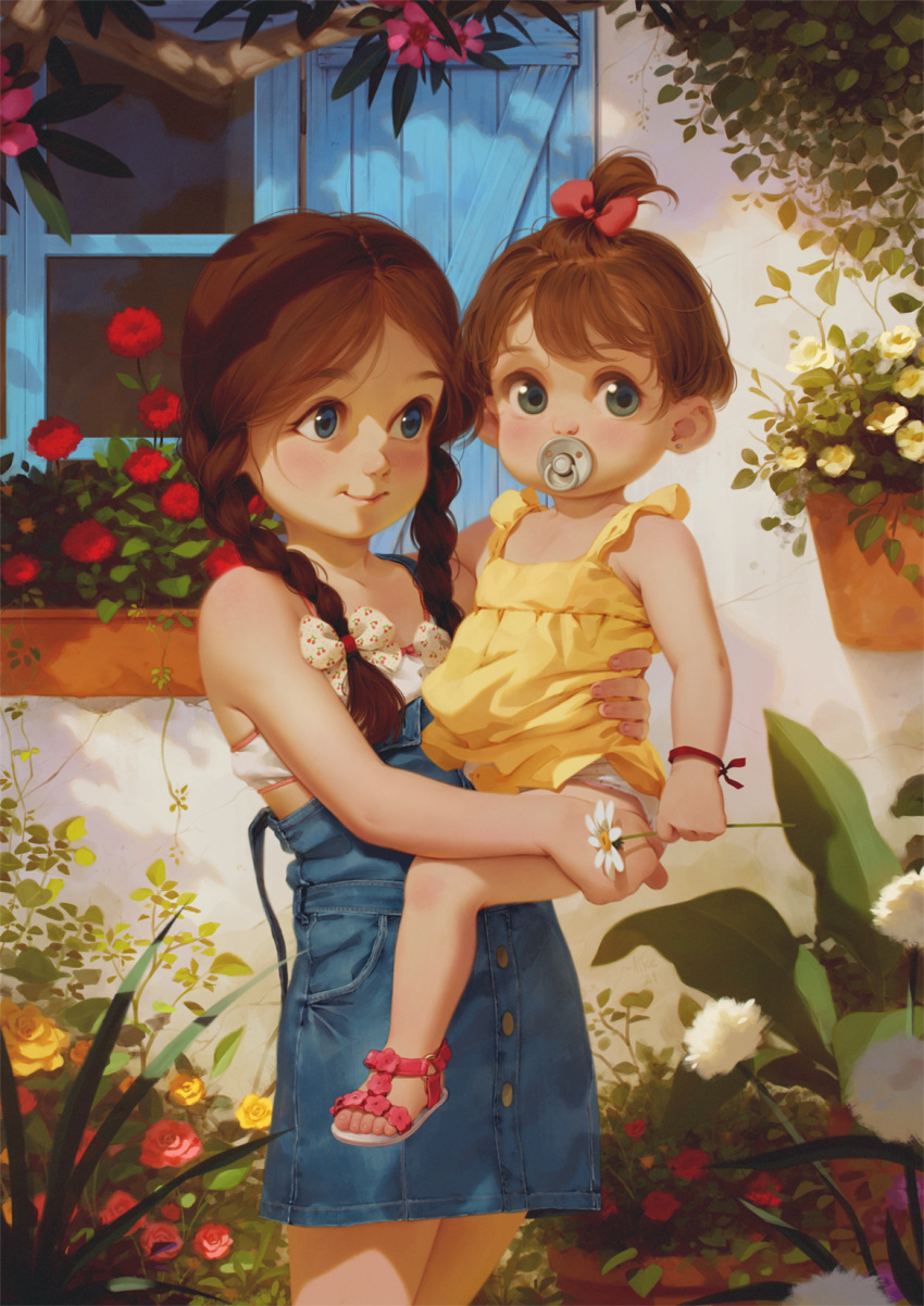 2girls alkemanubis baby bangs blue_eyes blush bow bra brown_hair carrying carrying_person denim_dress diaper dress english_commentary flower hair_bow highres long_hair looking_at_viewer multiple_girls original outdoors pacifier parted_bangs sandals short_hair siblings sisters smile training_bra underwear