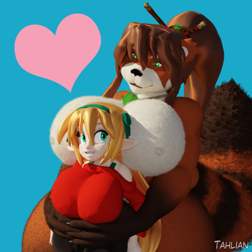 &lt;3 2021 3d_(artwork) abstract_background accessory anthro artist_name big_breasts big_tail blender_(software) blizzard_entertainment breasts brown_body brown_fur brown_hair claws clothing curvy_figure digital_media_(artwork) duo elf embrace eyelashes featureless_breasts felicia_(tahlian) female fingers fluffy fluffy_tail freckles fur green_eyes hair hair_accessory hair_bow hair_ribbon hi_res hug huge_breasts hugging_from_behind humanoid humanoid_pointy_ears jewelry kimiko_(tahlian) light-skinned_female light_body light_skin long_hair long_tail mammal multicolored_body multicolored_fur necklace nude orange_hair pandaren ponytail red_body red_fur red_pandaren ribbons short_stack simple_background size_difference smile standing sweater tahlian teal_eyes thick_thighs topwear ursid video_games voluptuous warcraft watermark white_body white_fur wide_hips