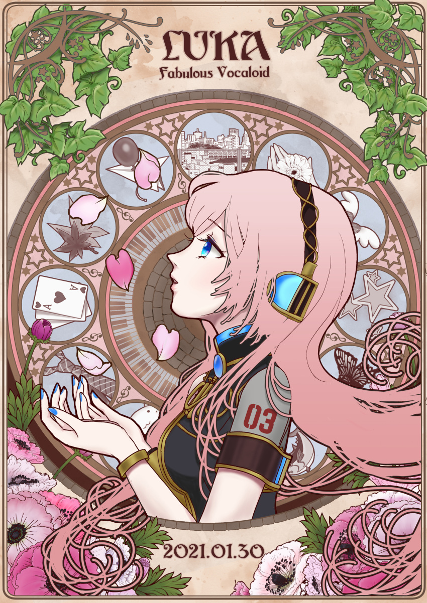 1girl absurdres armband balloon bangs blue_eyes bracelet branch bug butterfly card cat character_name copyright_name dated detached_sleeves english_text falling_petals fish floating_hair flower from_side gem hair_over_shoulder hands_up headphones high_collar highres jewelry leaf long_hair long_sleeves looking_up maple_leaf megurine_luka mofmama nail_polish necktie paper_airplane parted_lips petals piano_keys pink_hair playing_card profile shirt sleeveless sleeveless_shirt solo star_(symbol) vocaloid