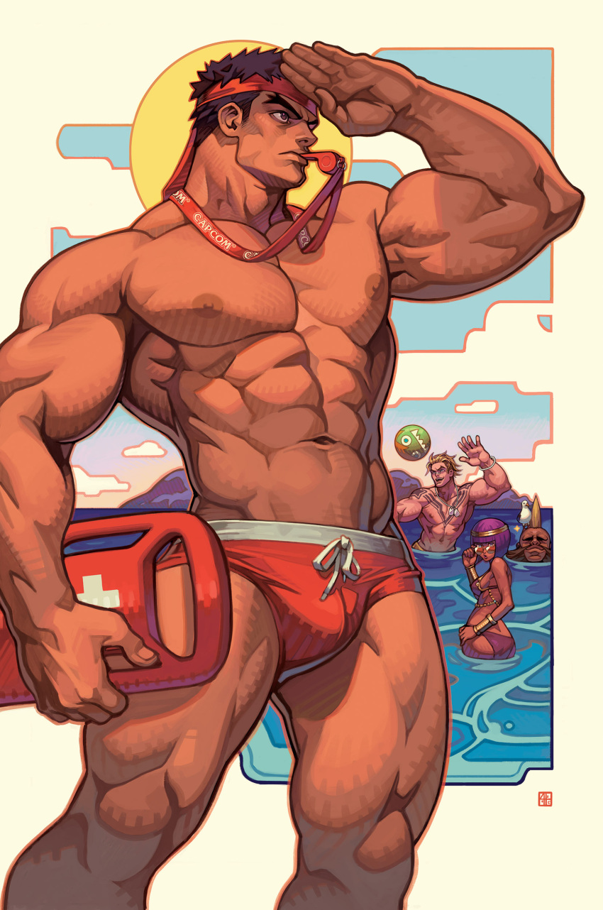 1girl 4boys abs absurdres adjusting_eyewear alejandro_tio ass ball bara beach beachball birdie_(street_fighter) blanka-chan bulge dark-skinned_female dark-skinned_male dark_skin headband highres lifeguard luke_sullivan male_swimwear menat multiple_boys muscular muscular_male navel partially_submerged pectorals purple_hair red_headband red_male_swimwear ryu_(street_fighter) stomach street_fighter street_fighter_v swim_briefs whistle whistle_around_neck