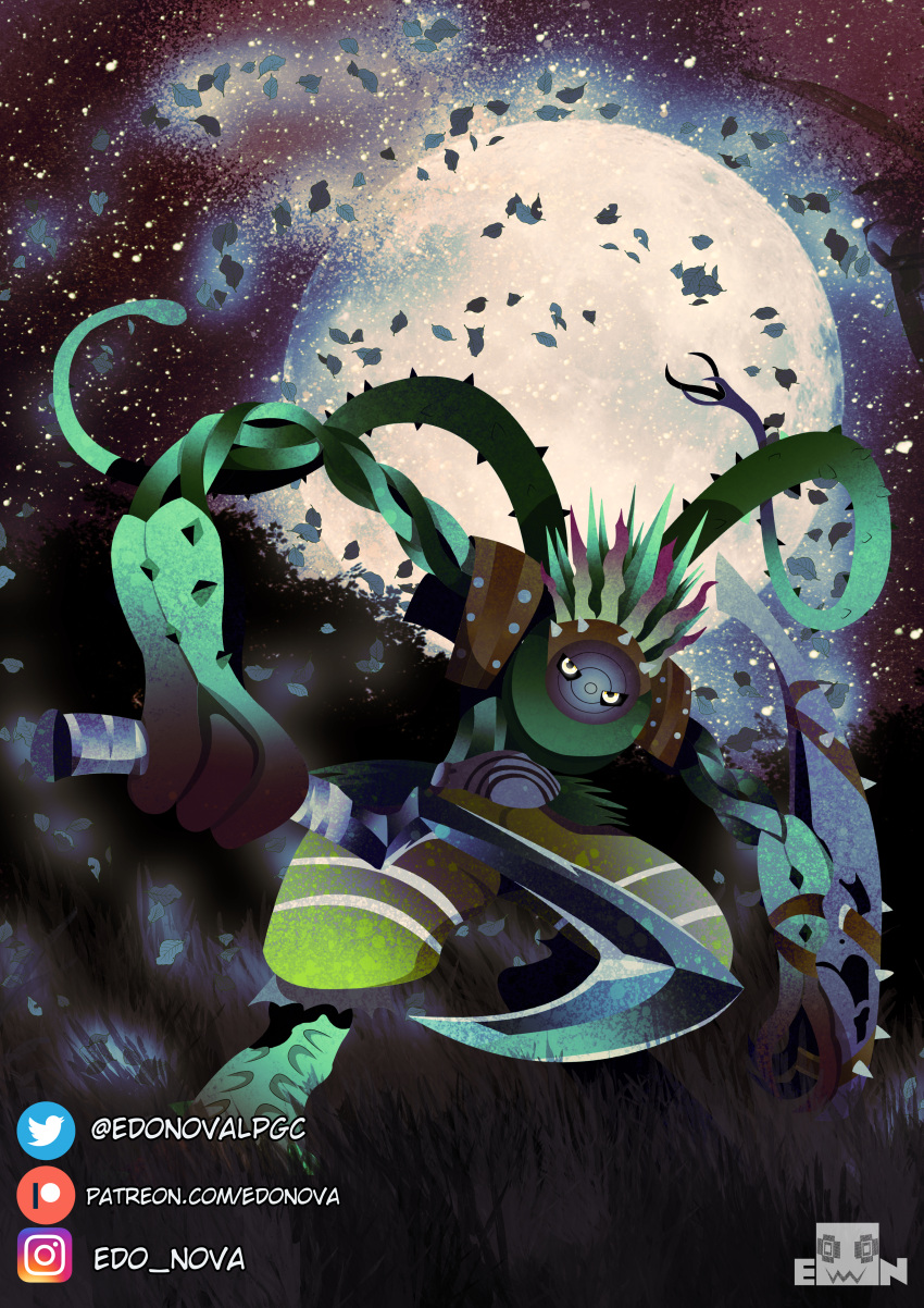 absurd_res ajatarmon bandai_namco digimon digimon_ghost_game edo_nova elemental_creature flora_fauna hi_res hook mask monster moon night plant sky solo star starry_sky thorns vines warrior