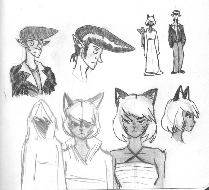 absurd_res anthro catgirl clothing domestic_cat duo efradraws felid feline felis female fur goblin graphite_(artwork) grey_body grey_fur hair hi_res humanoid jacket male male/female mammal markings pencil_(artwork) pompadour sketch toga topwear traditional_media_(artwork) whisker_markings whiskers white_hair