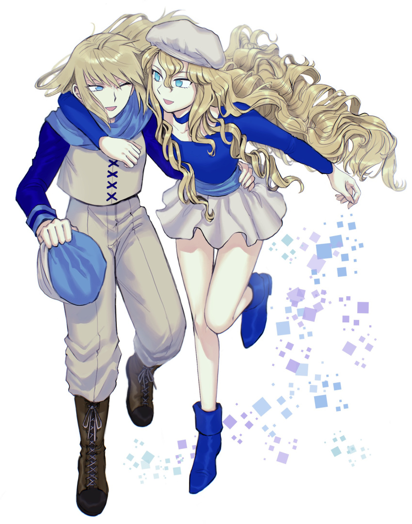 2girls :d ;d arm_around_neck bangs blonde_hair blue_eyes blue_footwear blue_headwear blue_scarf blue_shirt boots brown_footwear character_request check_character cherish_(konjiki_no_gash!!) choker cross-laced_footwear full_body grey_pants hair_between_eyes hand_on_another's_hip hat hat_removed headwear_removed highres holding holding_clothes holding_hat knee_boots konjiki_no_gash!! lace-up_boots long_hair long_sleeves looking_at_another looking_away miniskirt multiple_girls nicole_(konjiki_no_gash!!) one_eye_closed outstretched_arms ozaki_(tsukiko3) pants pants_tucked_in scarf shirt sidelocks skirt smile square thigh_gap very_long_hair vest walking wavy_hair white_background white_headwear