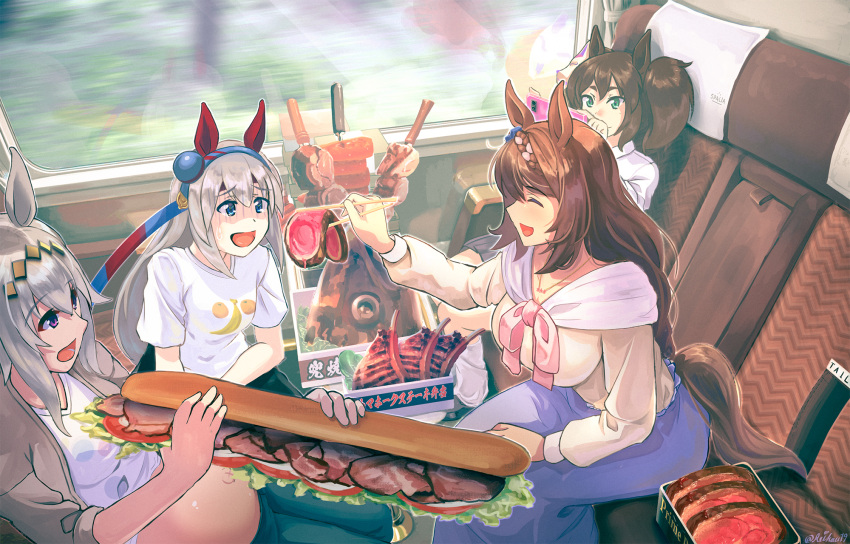 4girls animal_ears bangs black_shorts blue_eyes blue_hairband blue_skirt blush bow bowtie breasts brown_coat brown_hair closed_eyes closed_mouth coat commentary_request ear_covers eyebrows_visible_through_hair feet_out_of_frame fish_head food fox_mask full_stomach gloom_(expression) green_eyes grey_hair hair_between_eyes hairband highres holding horse_ears horse_girl horse_tail inari_one_(umamusume) large_breasts lettuce long_hair long_skirt mask mask_on_head meat medium_breasts multiple_girls oguri_cap_(umamusume) open_clothes open_coat open_mouth outie_navel pink_bow pink_bowtie purple_eyes reihou19 ribs_(food) shirt shorts skewer skirt smile submarine_sandwich super_creek_(umamusume) tail taking_picture tamamo_cross_(umamusume) tomato_slice train_interior twintails twitter_username umamusume very_long_hair white_shirt yellow_shirt