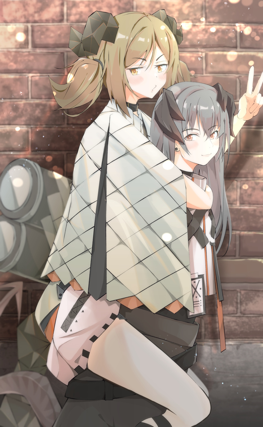 2girls absurdres arknights bangs black_skirt blush brick_wall brown_eyes brown_hair carrying closed_mouth commentary_request eyebrows_visible_through_hair grey_hair highres horns ifrit_(arknights) jacket long_hair motsupu multiple_girls parted_bangs piggyback saria_(arknights) skirt smile twintails v v-shaped_eyebrows white_jacket white_skirt