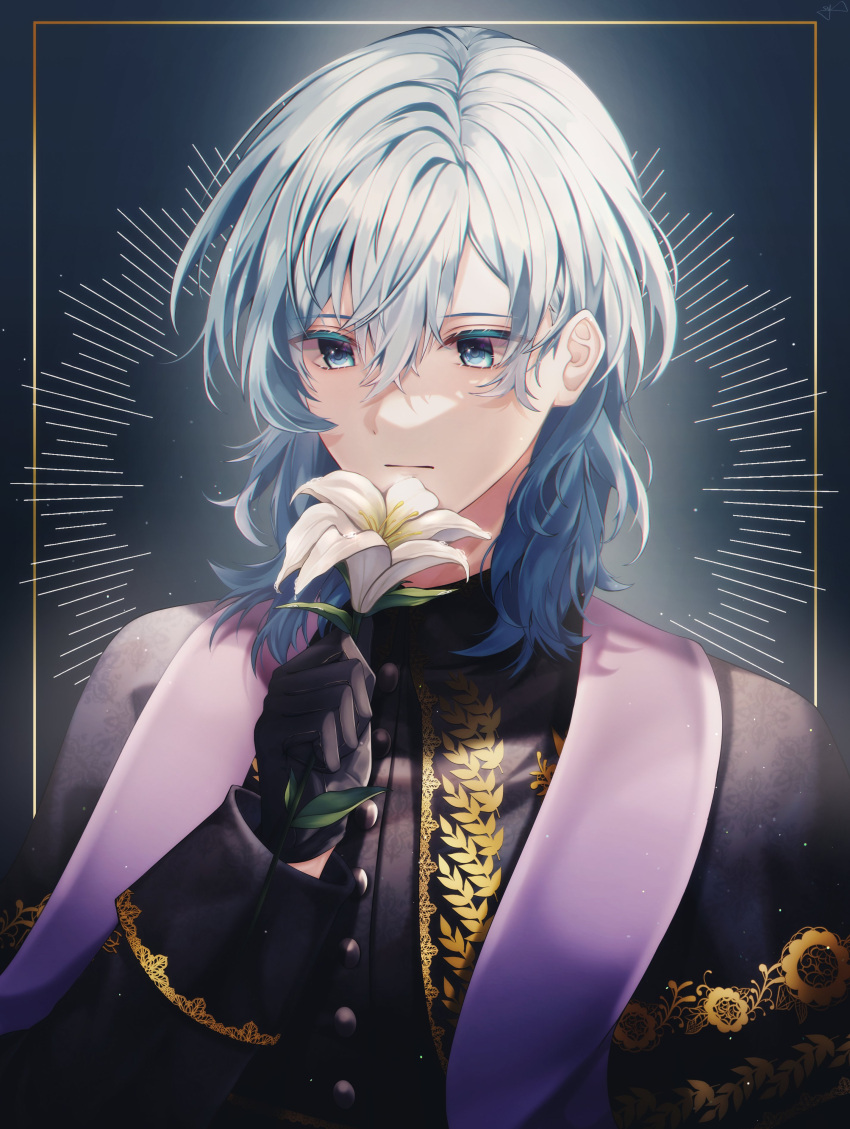 1boy :| absurdres black_cloak black_gloves black_shirt blue_eyes buttons cloak closed_mouth colored_eyelashes embroidery expressionless flower framed gloves hair_between_eyes hair_down hasu_(selisa) highres holding holding_flower light_blue_hair lily_(flower) looking_away male_focus medium_hair mikaze_ai outside_border shirt sleeve_cuffs solo stole upper_body uta_no_prince-sama white_flower white_lily