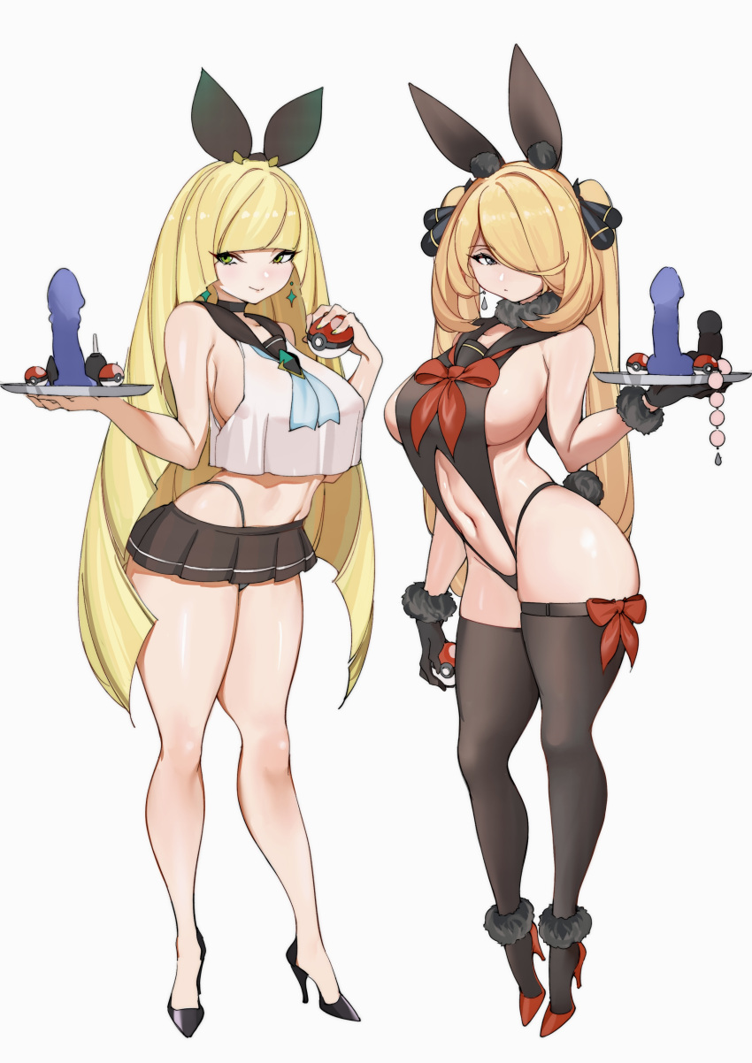 2girls :/ absurdres alternate_costume alternate_hairstyle anal_beads animal_ears black_footwear black_gloves black_legwear black_leotard blonde_hair blue_neckerchief bow breasts closed_mouth crop_top cynthia_(pokemon) dildo earrings fake_animal_ears full_body fur_cuffs gloves green_eyes grey_eyes hair_bow hair_ornament hair_over_one_eye high_heels highleg highleg_panties highres holding holding_poke_ball holding_tray jewelry lamsass large_breasts legs leotard long_hair lusamine_(pokemon) mature_female microskirt multiple_girls neckerchief nontraditional_playboy_bunny panties panty_straps playboy_bunny poke_ball poke_ball_(basic) pokemon pokemon_(game) pokemon_dppt pokemon_sm rabbit_ears red_footwear revealing_clothes revision sailor_collar school_uniform serafuku sex_toy simple_background skirt smile string_panties thick_thighs thighhighs thighs tray twintails underwear very_long_hair white_background wide_hips yellow_nails