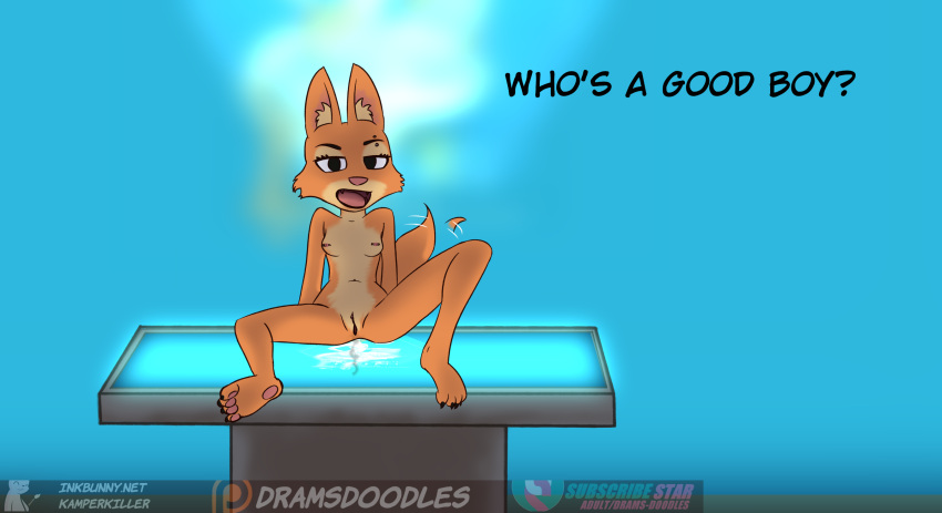 anthro bodily_fluids breasts canid canine diane_foxington dreamworks eyebrow_piercing facial_piercing female fox genital_fluids genitals hi_res kamperkiller_(artist) mammal nipple_piercing nipples piercing presenting pussy pussy_juice small_breasts solo spread_legs spreading the_bad_guys