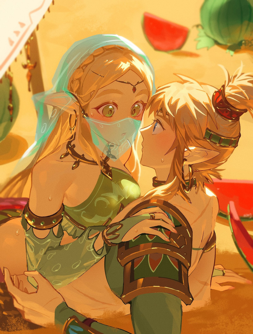 1boy 1girl arabian_clothes armlet armor asymmetrical_clothes bangs bare_shoulders blonde_hair blue_eyes blush braid breasts bridal_gauntlets choker circlet commentary couple crown_braid day desert_voe_set_(zelda) detached_sleeves duoj_ji earrings english_commentary eye_contact food fruit gerudo_set_(zelda) green_eyes hair_ornament halterneck hand_on_another's_shoulder headband hetero high_ponytail highres hoop_earrings jewelry leaf link long_hair long_pointy_ears looking_at_another lying_on_person medium_breasts midriff mouth_veil outdoors parted_lips pointy_ears princess_zelda reclining sand scar scar_on_arm scar_on_back see-through shoulder_armor sidelocks single_detached_sleeve sweat the_legend_of_zelda the_legend_of_zelda:_breath_of_the_wild upper_body veil watermelon watermelon_slice