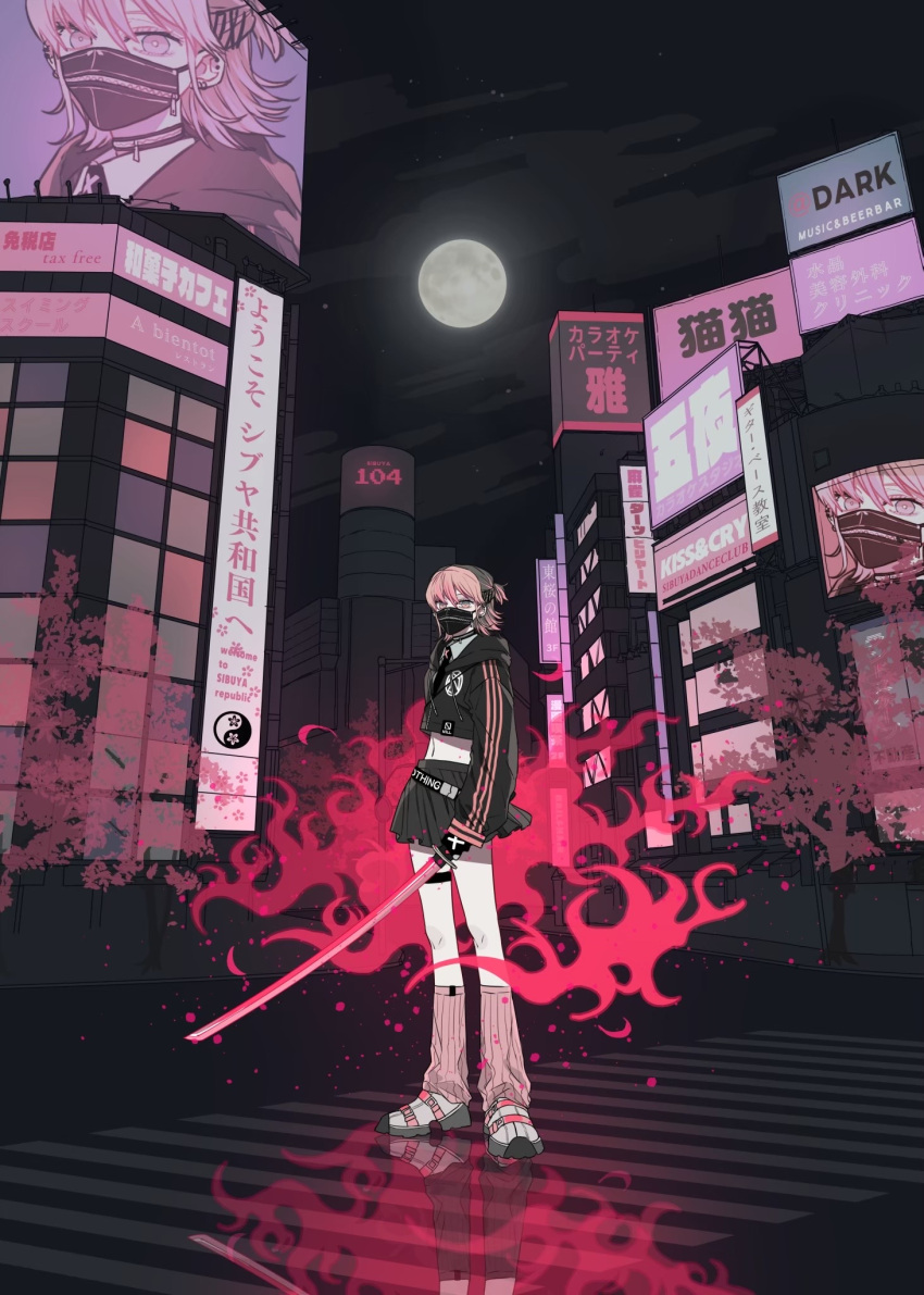 1other androgynous black_hoodie black_mask black_skirt black_sky building commentary_request copyright_request cropped_hoodie ebanoniwa english_text full_body full_moon highres holding_katana hood hoodie katana leg_warmers long_sleeves mask midriff moon night night_sky outdoors pink_hair pink_legwear reflection short_hair short_ponytail sign skirt sky skyscraper sword translation_request weapon white_footwear