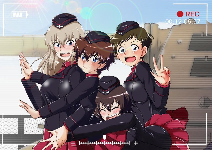 4girls :d :o ^_^ akaboshi_koume black_headwear black_jacket blue_eyes blush brown_hair closed_eyes dress_shirt from_side garrison_cap girls_und_panzer grey_hair ground_vehicle hat itsumi_erika jacket kami_ryuoo kojima_emi kuromorimine_military_uniform long_hair long_sleeves mauko_(girls_und_panzer) messy_hair military military_hat military_vehicle motor_vehicle multiple_girls pleated_skirt red_shirt red_skirt shirt short_hair skirt smile tank v vehicle_request very_short_hair wing_collar