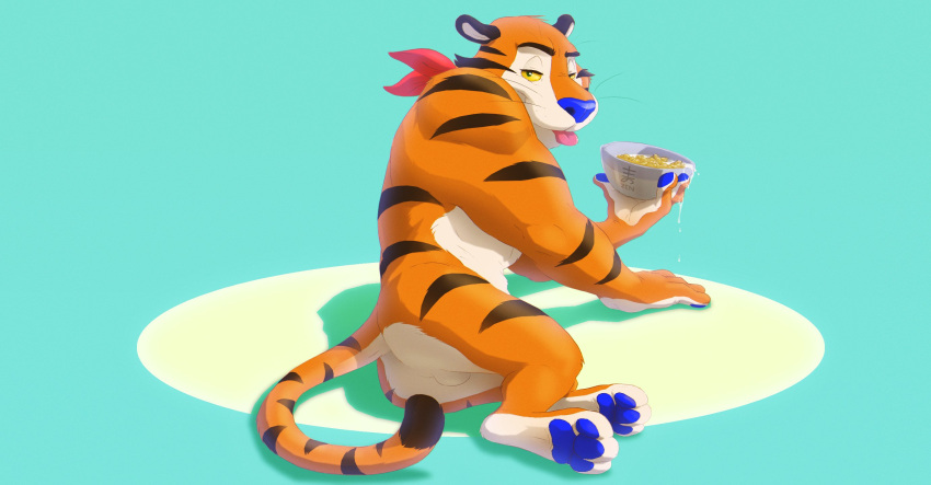 2022 anthro balls black_body black_fur black_stripes blep blue_nose blue_pawpads bowl butt cereal container countershade_fur countershading digital_media_(artwork) eyebrows felid food frosted_flakes fur genitals hi_res holding_bowl holding_container holding_object kellogg's kerchief kerchief_only male mammal mascot milk mostly_nude neckerchief neckerchief_only orange_body orange_fur pantherine pawpads paws perineum smile solo striped_body striped_fur stripes tiger tongue tongue_out tony_the_tiger whiskers white_body white_countershading white_fur yellow_sclera zen