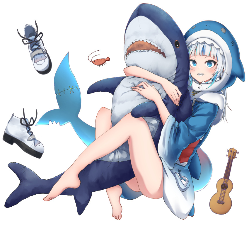 1girl bare_legs barefoot bloop_(gawr_gura) blue_dress blue_eyes dress feet fish_tail fuente full_body gawr_gura highres hololive hololive_english looking_at_viewer multicolored_hair shark_girl shark_tail sharp_teeth simple_background smile tail teeth two-tone_hair virtual_youtuber white_background white_hair