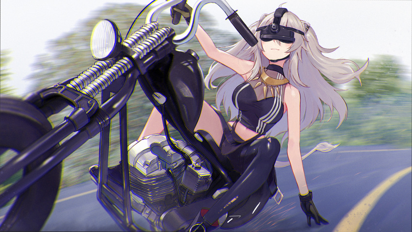 1girl ahoge animal_ears bare_arms bare_legs bare_shoulders black_gloves black_legwear black_shirt boots breasts closed_mouth crop_top ear_piercing gloves grey_hair ground_vehicle hololive large_breasts lion_ears lion_girl lion_tail midriff motor_vehicle motorcycle piercing ranyu shirt shishiro_botan single_leg_pantyhose sleeveless sleeveless_shirt solo tail torn_clothes torn_legwear virtual_youtuber