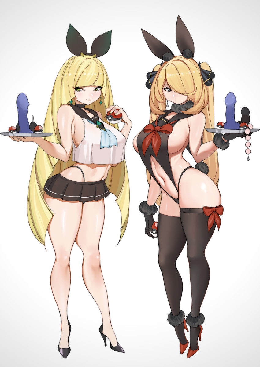 2girls absurdres alternate_costume alternate_hairstyle anal_beads animal_ears black_leotard blonde_hair bow breasts cynthia_(pokemon) dildo full_body hair_bow hair_over_one_eye high_heels highres lamsass large_breasts leotard long_hair lusamine_(pokemon) mature_female microskirt multiple_girls nontraditional_playboy_bunny playboy_bunny poke_ball poke_ball_(basic) pokemon pokemon_(game) pokemon_dppt pokemon_sm rabbit_ears revealing_clothes school_uniform serafuku sex_toy skirt thick_thighs thighhighs thighs tray twintails very_long_hair wide_hips