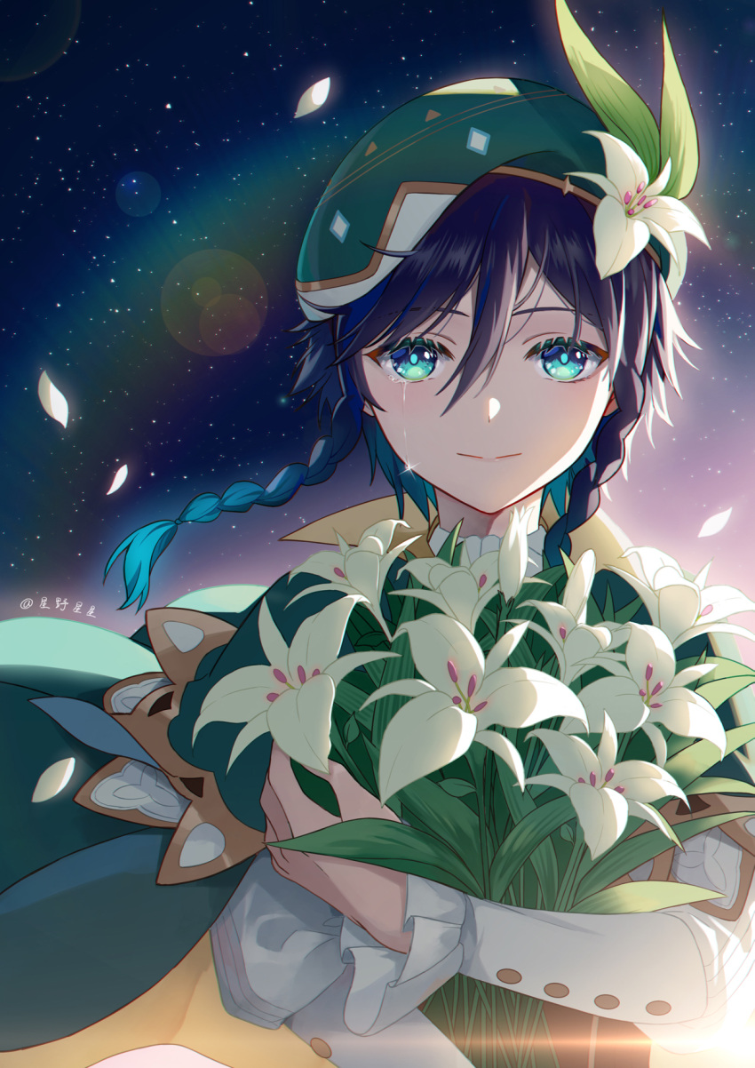 1boy aliceseed androgynous bangs beret black_hair blue_hair bouquet braid cape closed_mouth collared_cape collared_shirt commentary_request crying crying_with_eyes_open eyebrows_visible_through_hair falling_petals flower frilled_sleeves frills genshin_impact gradient_hair green_cape green_eyes green_headwear hair_flower hair_ornament hat hat_flower highres holding holding_bouquet leaf long_sleeves looking_at_viewer male_focus multicolored_hair night night_sky petals shirt short_hair_with_long_locks side_braids sidelocks sky smile solo sparkle star_(sky) starry_sky tears twin_braids venti_(genshin_impact) white_flower white_shirt