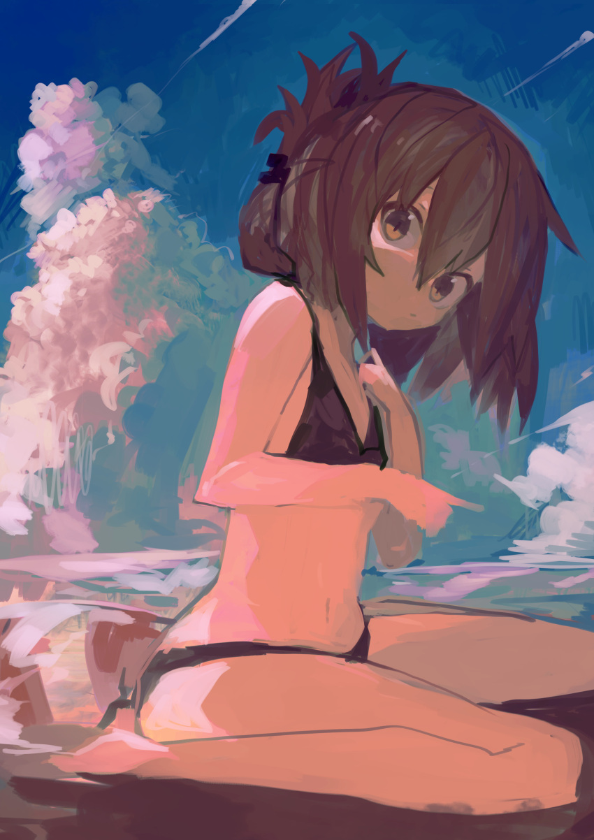 1girl absurdres bare_arms bare_legs bare_shoulders barefoot bikini black_bikini brown_eyes brown_hair closed_mouth folded_ponytail hair_between_eyes highres inazuma_(kancolle) kaamin_(mariarose753) kantai_collection long_hair navel ocean solo swimsuit