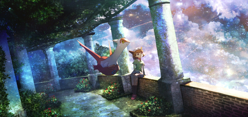 1girl bangs bianca_(pokemon_heroes) black_legwear blue_eyes breasts brick_wall brown_hair bush cabbie_hat cloud cloudy_sky collared_shirt column commentary_request diffraction_spikes dragon dutch_angle floating flower full_body garden green_shirt hair_flaps hand_on_lap hat highres latias legs_together light_particles looking_afar looking_up miniskirt on_wall open_mouth outdoors pillar pink_footwear plant pokemon pokemon_(anime) pokemon_(classic_anime) pokemon_(creature) pokemon_heroes:_latios_&amp;_latias red_flower red_footwear revision ribero shirt shoes short_hair short_sleeves sidelocks sitting skirt sky small_breasts socks star_(sky) starry_sky tears trellis white_headwear white_skirt wide_shot yellow_eyes