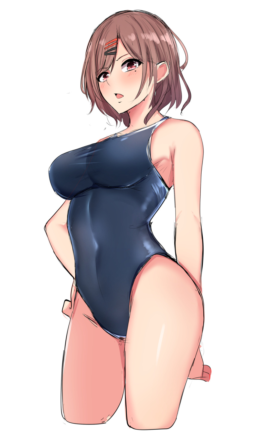 1girl bangs baretto_(karasi07) blush brown_eyes brown_hair competition_school_swimsuit competition_swimsuit contrapposto hair_ornament hairclip hand_on_hip highres higuchi_madoka idolmaster idolmaster_shiny_colors impossible_clothes impossible_swimsuit looking_at_viewer mole mole_under_eye one-piece_swimsuit open_mouth school_swimsuit short_hair simple_background sketch solo swimsuit thighs white_background