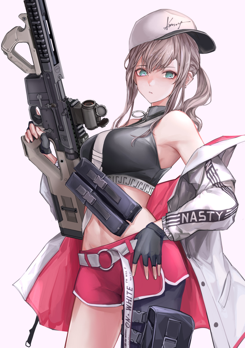 1girl absurdres aqua_eyes ar-57 ar-57_(girls'_frontline) assault_rifle bangs black_gloves black_tank_top blonde_hair breasts closed_mouth crop_top eye_piercing eyebrows_visible_through_hair feet_out_of_frame fingerless_gloves girls'_frontline gloves gun hand_on_hip highres holding holding_gun holding_weapon jacket jacket_pull lithographica long_hair looking_at_viewer medium_breasts navel open_clothes open_jacket pink_shorts revision rifle shorts side_ponytail sideboob solo standing tank_top weapon white_background white_headwear white_jacket