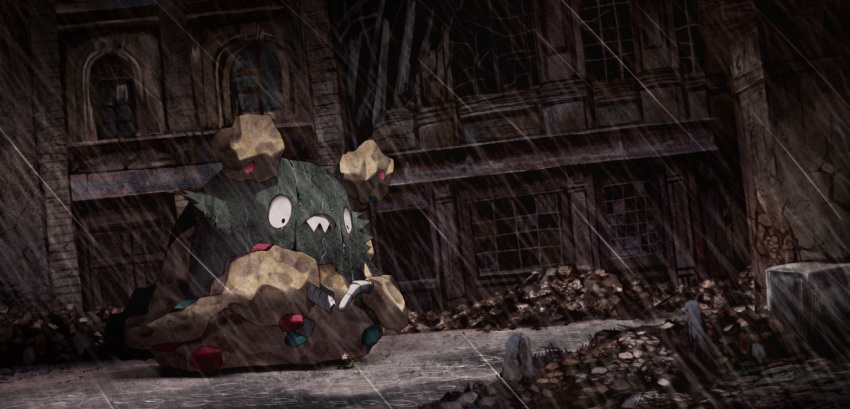 black_eyes broken_window building closed_mouth commentary_request dutch_angle flower full_body garbodor looking_down no_humans one_eye_closed outdoors pokemon pokemon_(creature) rain ribero rubble sharp_teeth solo standing teeth white_flower